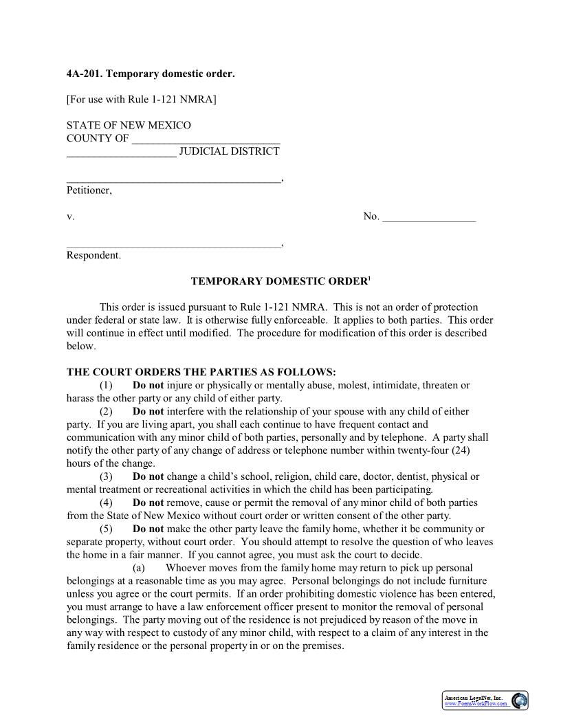 Temporary Domestic Order {4A-201} | Pdf Fpdf Docx | New Mexico