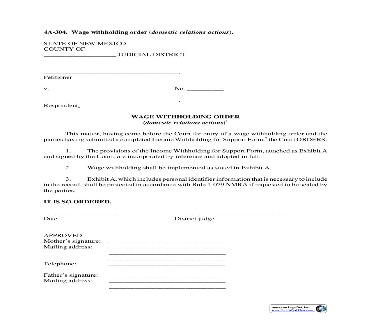 Wage Withholding Order (Domestic Relations Actions) {4A-304} | Pdf Fpdf Doc Docx | New Mexico