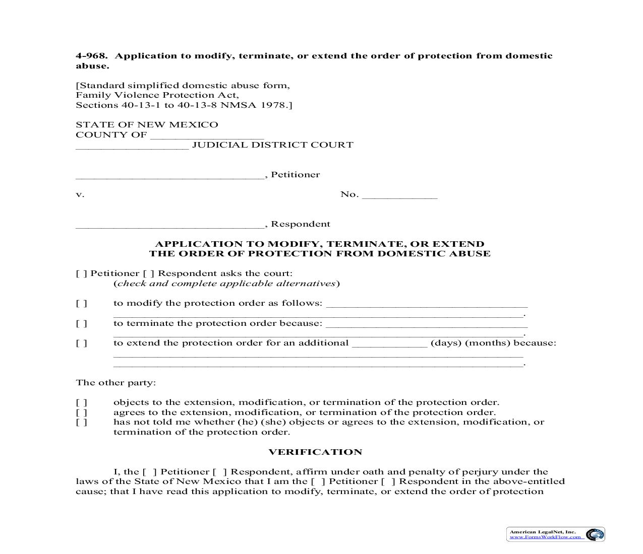 Application To Modify Terminate Or Renew Order Of Protection From Domestic Abuse {4-968} | Pdf Fpdf Doc Docx | New Mexico