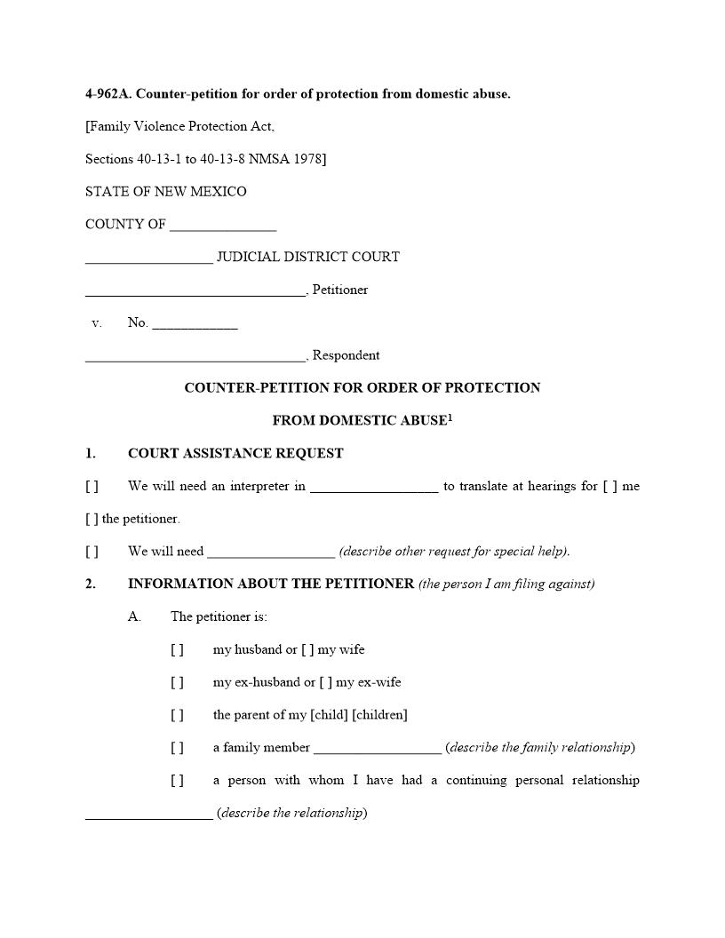 Counter Petition For Order Of Protection From Domestic Abuse {4-962A} | Pdf Fpdf Doc Docx | New Mexico