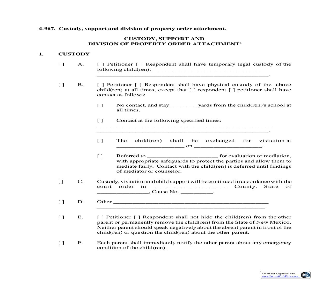 Custody Support And Division Of Property Order Attachment {4-967} | Pdf Fpdf Doc Docx | New Mexico