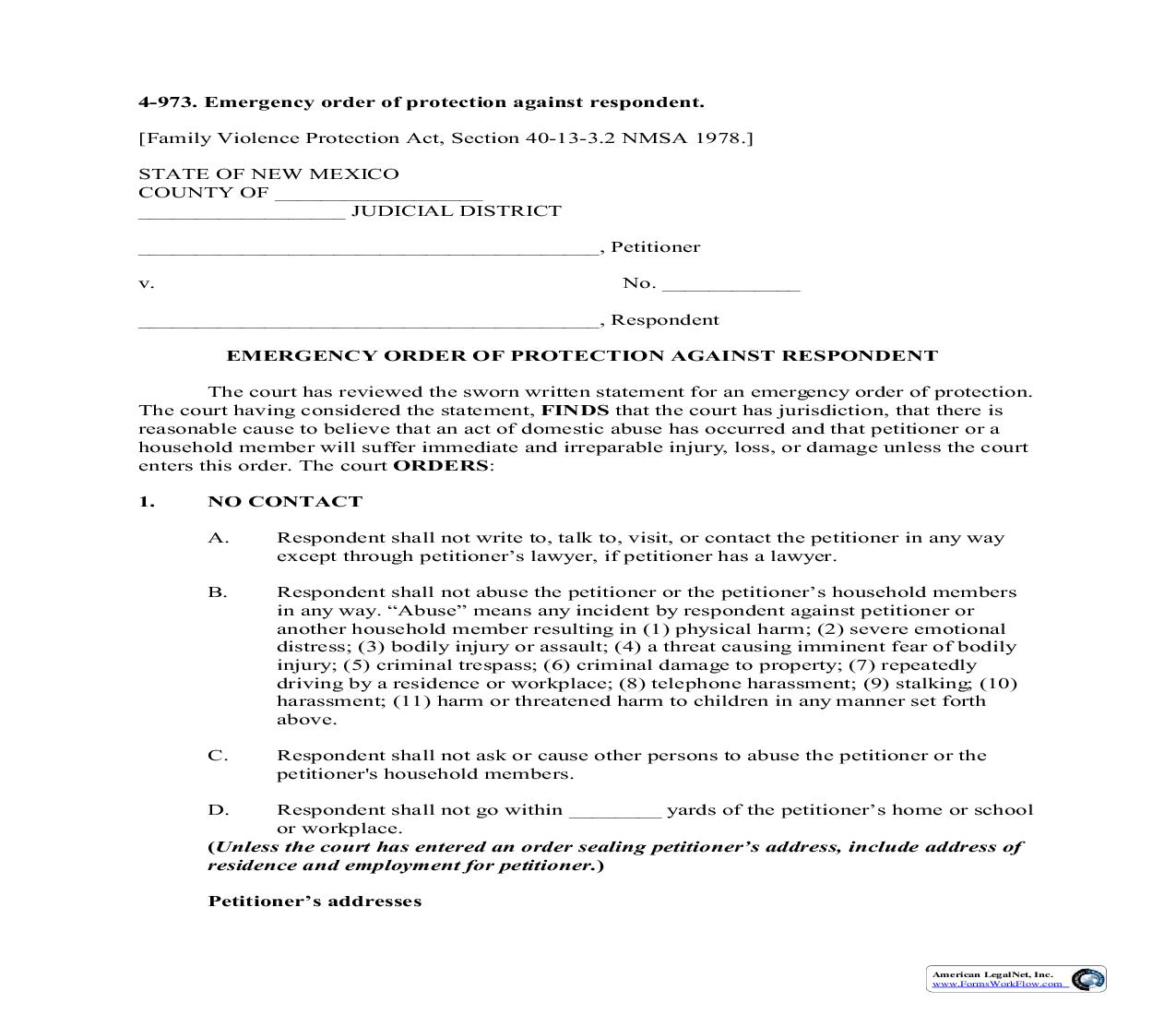 Emergency Order Of Protection Against Respondent {4-973} | Pdf Fpdf Doc Docx | New Mexico