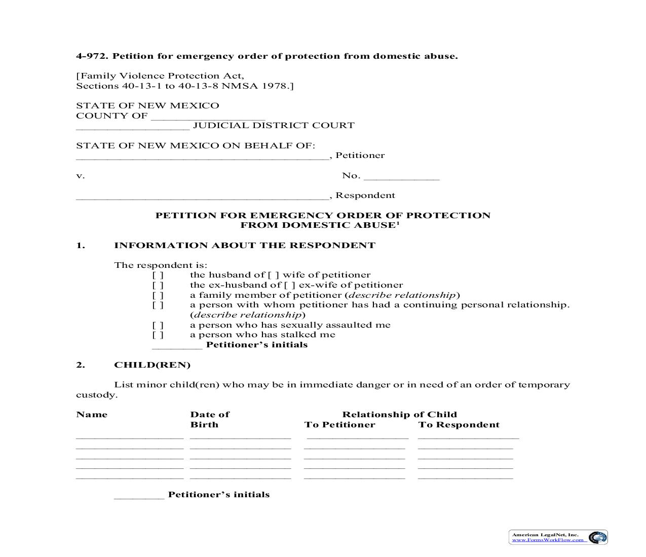 Petition For Emergency Order Of Protection From Domestic Abuse {4-972} | Pdf Fpdf Doc Docx | New Mexico