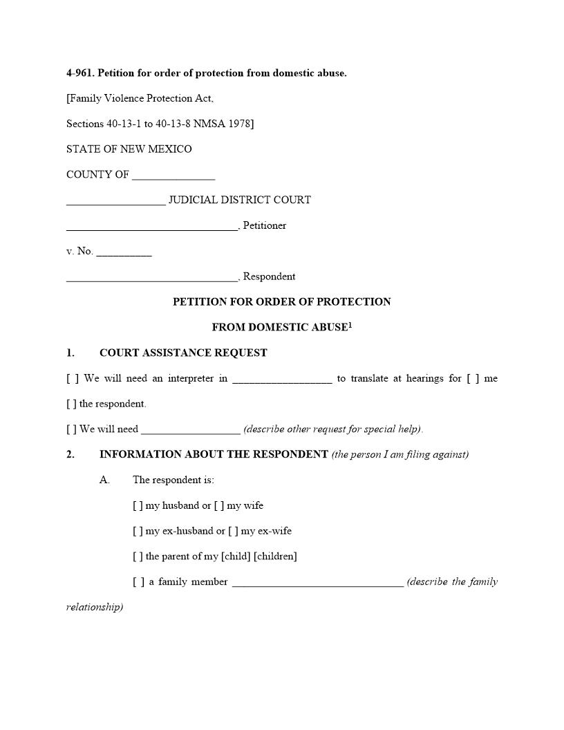 Petition For Order Of Protection From Domestic Abuse {4-961} | Pdf Fpdf Doc Docx | New Mexico