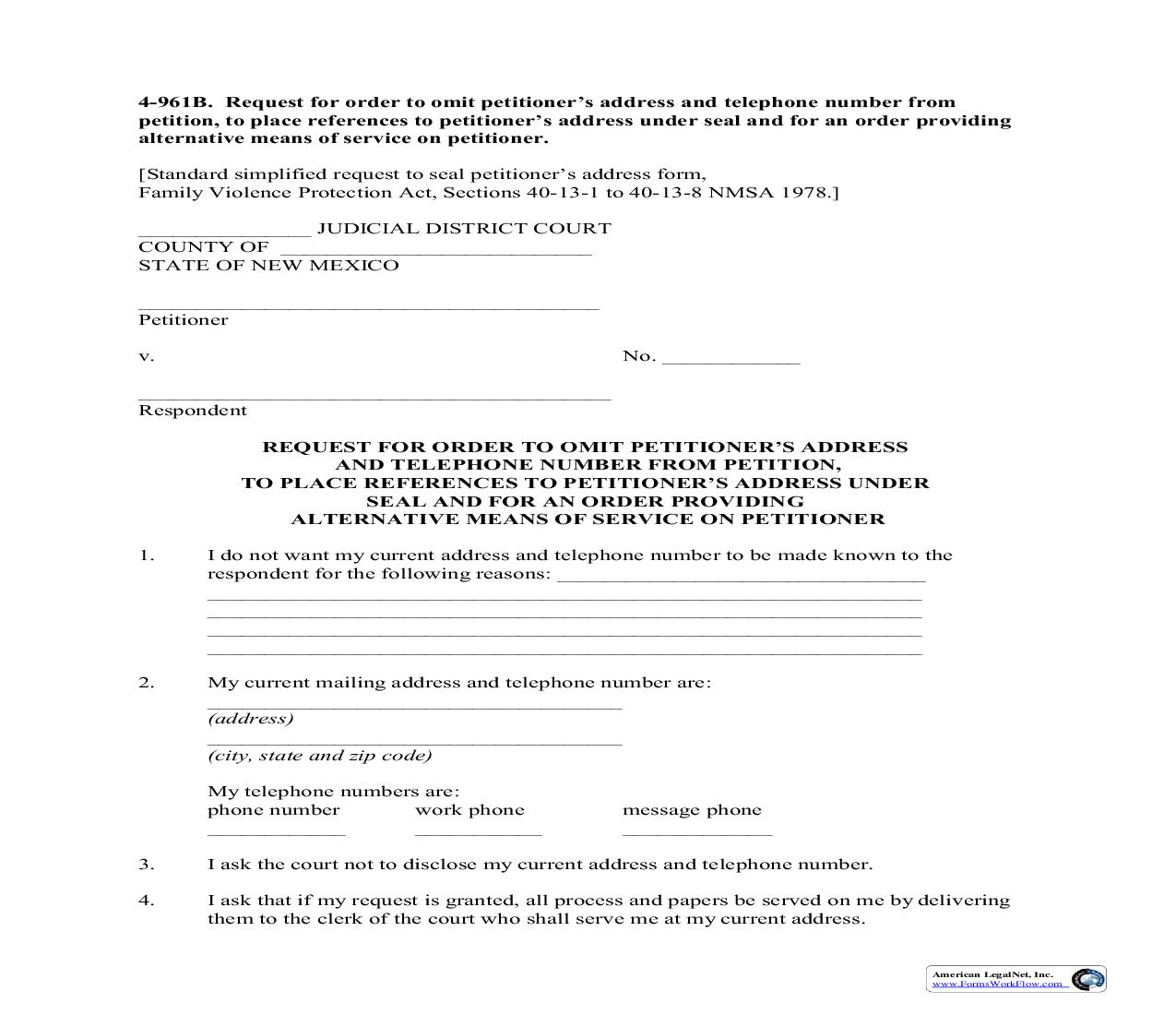 Request For Order To Omit Petitioners Address And Telephone Number From Petition {4-961B} | Pdf Fpdf Doc Docx | New Mexico