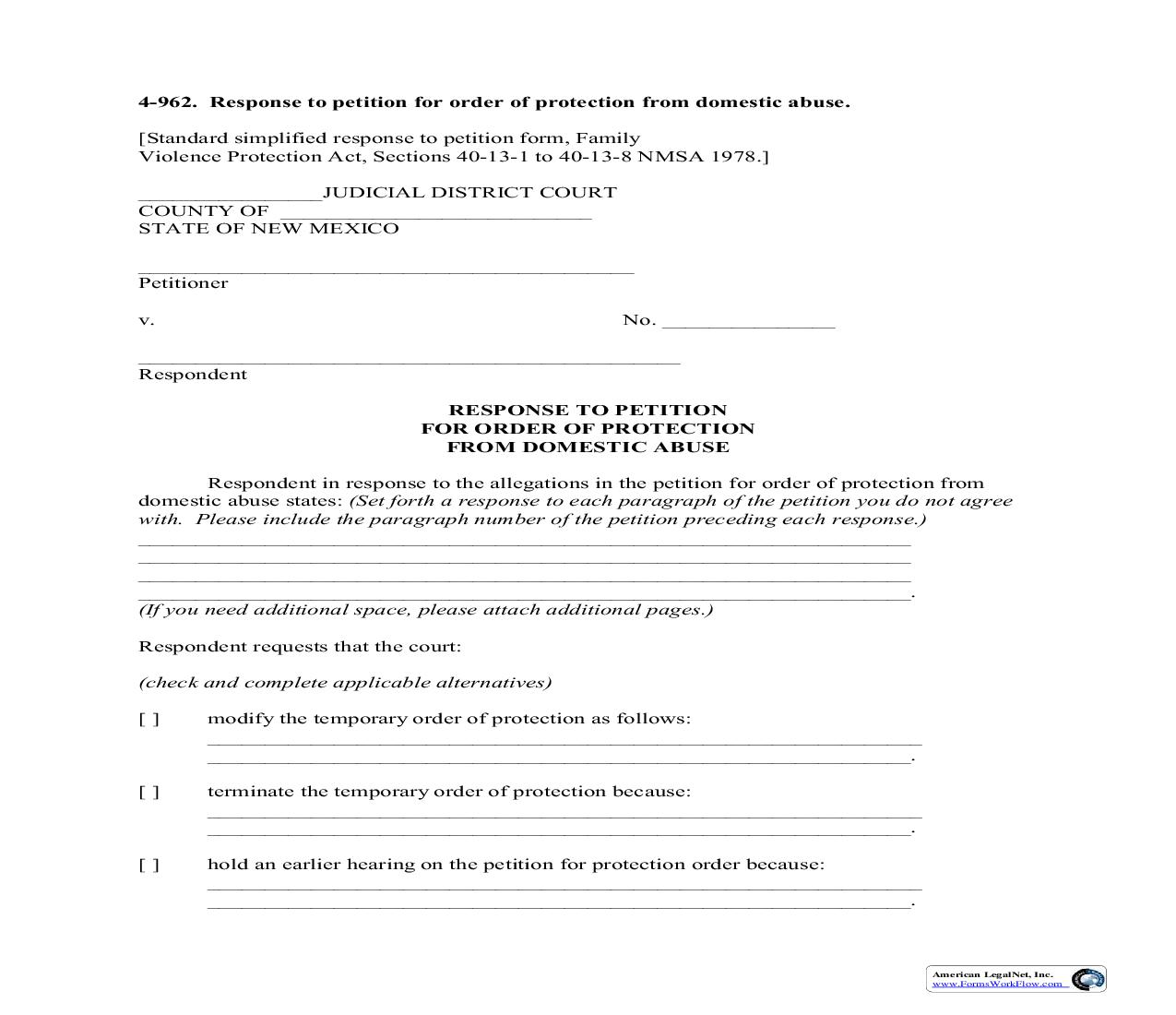 Response To Petition For Order Of Protection From Domestic Abuse {4-962} | Pdf Fpdf Doc Docx | New Mexico