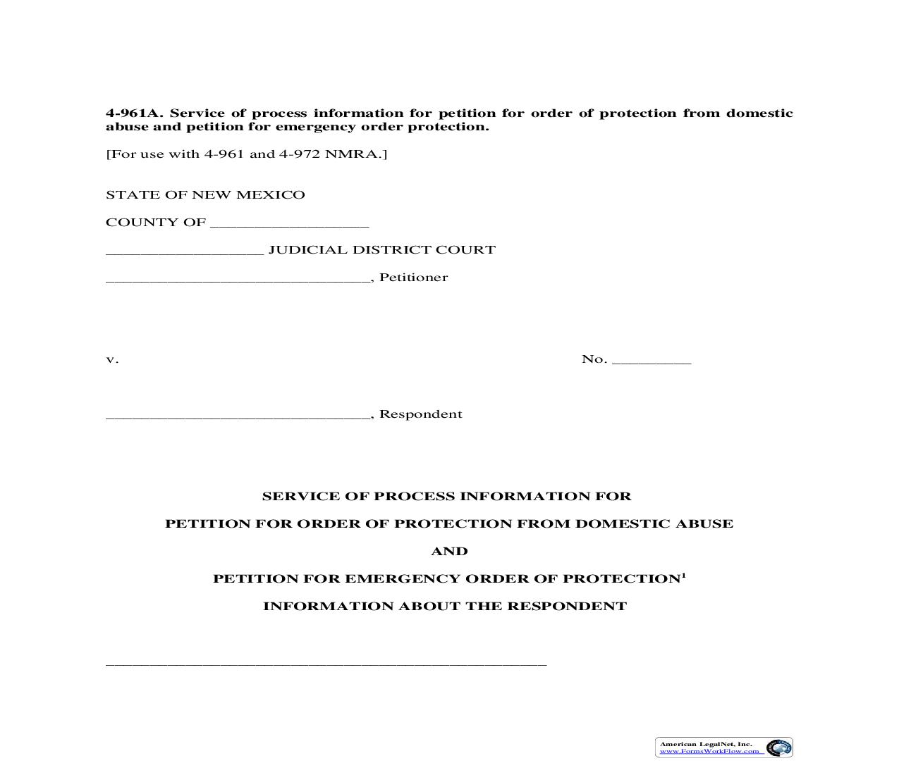 Service Of Process Information For Petition For Order-Emergency Order Of Protection From Domestic Abuse {4-961A} | Pdf Fpdf Doc Docx | New Mexico