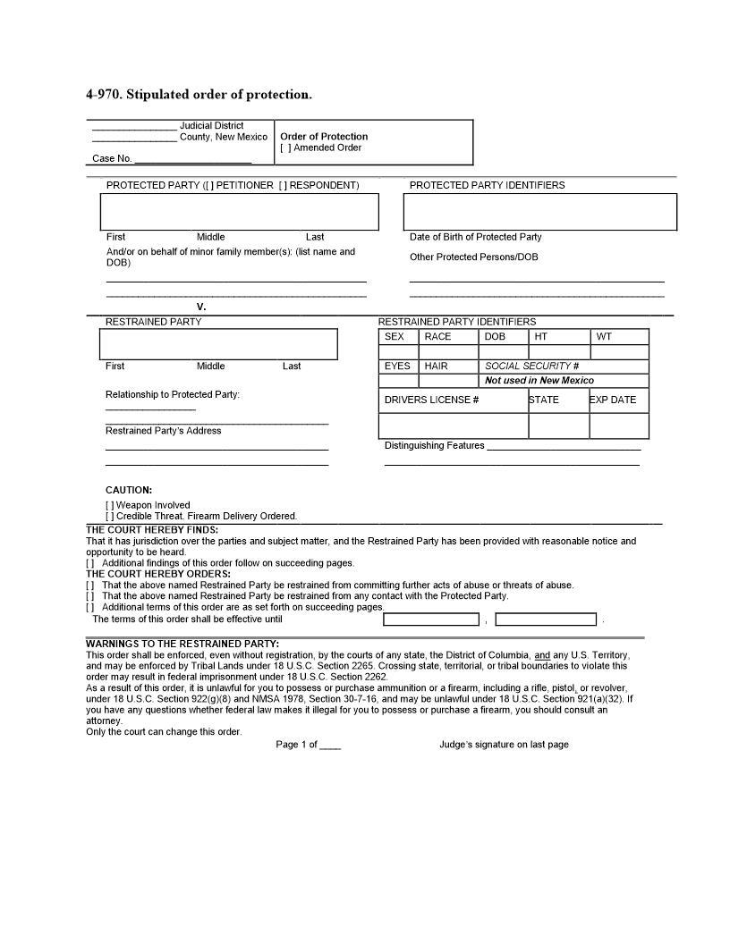 Stipulated Order Of Protection Against Respondent {4-970} | Pdf Fpdf Docx | New Mexico