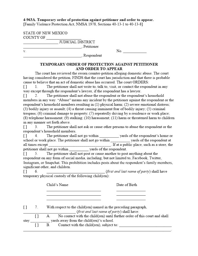 Temporary Order Of Protection Against Petitioner And Order To Appear {4-963A} | Pdf Fpdf Docx | New Mexico