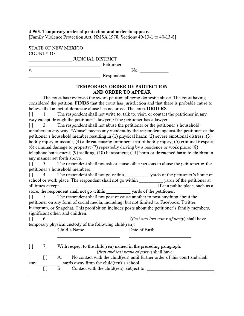 Temporary Order Of Protection And Order To Appear {4-963} | Pdf Fpdf Doc Docx | New Mexico