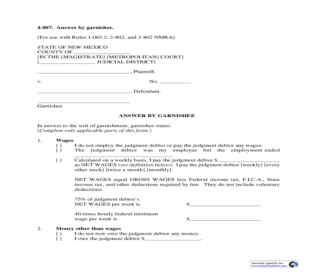 Answer By Garnishee {4-807} | Pdf Fpdf Doc Docx | New Mexico