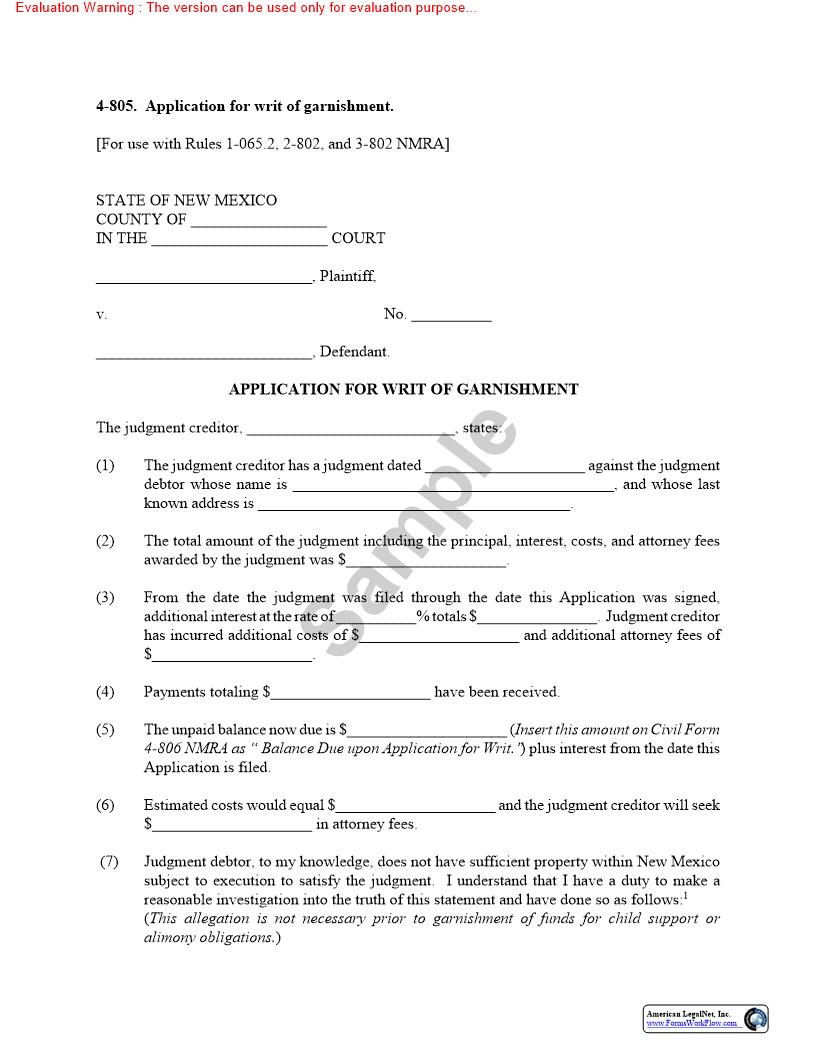 Application For Writ Of Garnishment {4-805} | Pdf Fpdf Doc Docx | New Mexico