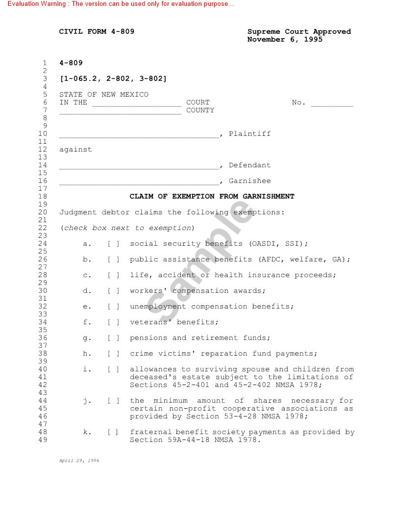 Claim Of Exemption From Garnishment {4-809} | Pdf Fpdf Doc Docx | New Mexico
