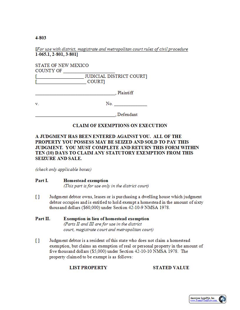 Claim Of Exemptions On Execution {4-803} | Pdf Fpdf Docx | New Mexico