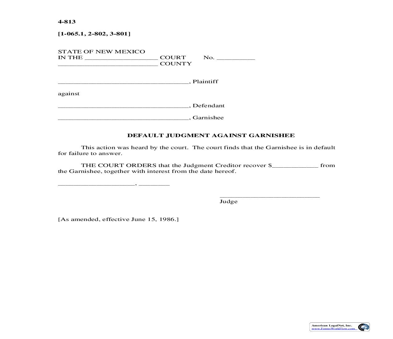 Default Judgment Against Garnishee {4-813} | Pdf Fpdf Doc Docx | New Mexico