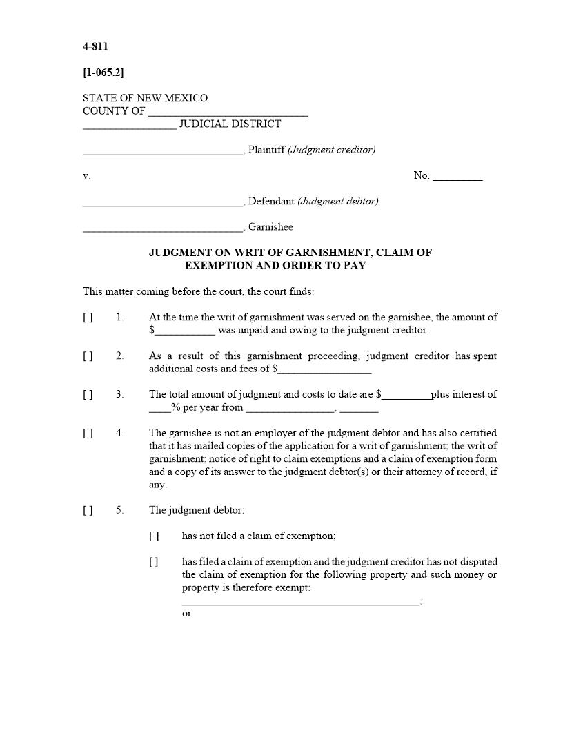 Judgment On Writ Of Garnishment Claim Of Exemption And Order To Pay {4-811} | Pdf Fpdf Docx | New Mexico