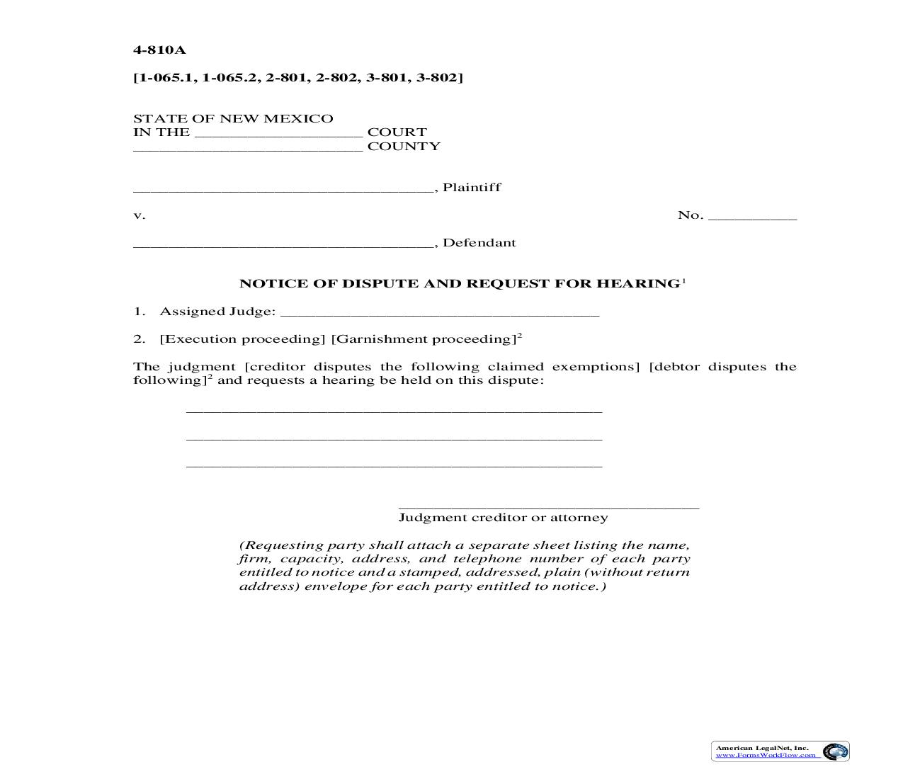 Notice Of Dispute And Request For Hearing {4-810A} | Pdf Fpdf Doc Docx | New Mexico