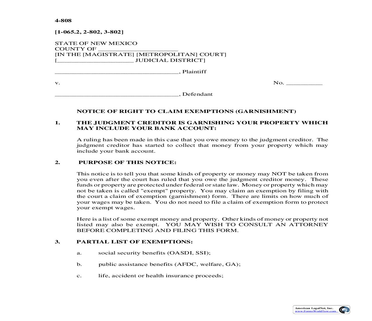 Notice Of Right To Claim Exemptions (Garnishment) {4-808} | Pdf Fpdf Doc Docx | New Mexico