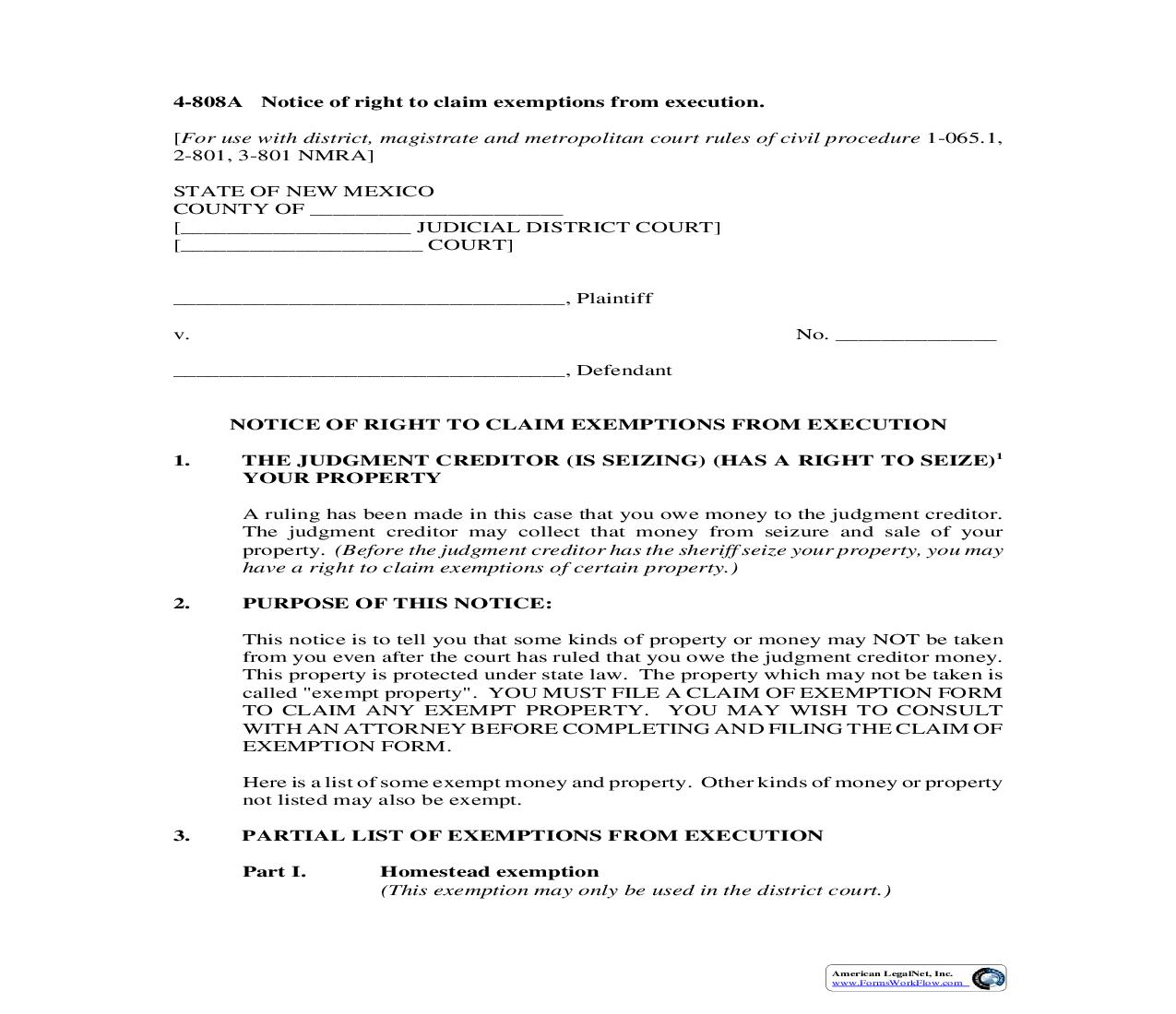Notice Of Right To Claim Exemptions From Execution {4-808A} | Pdf Fpdf Doc Docx | New Mexico