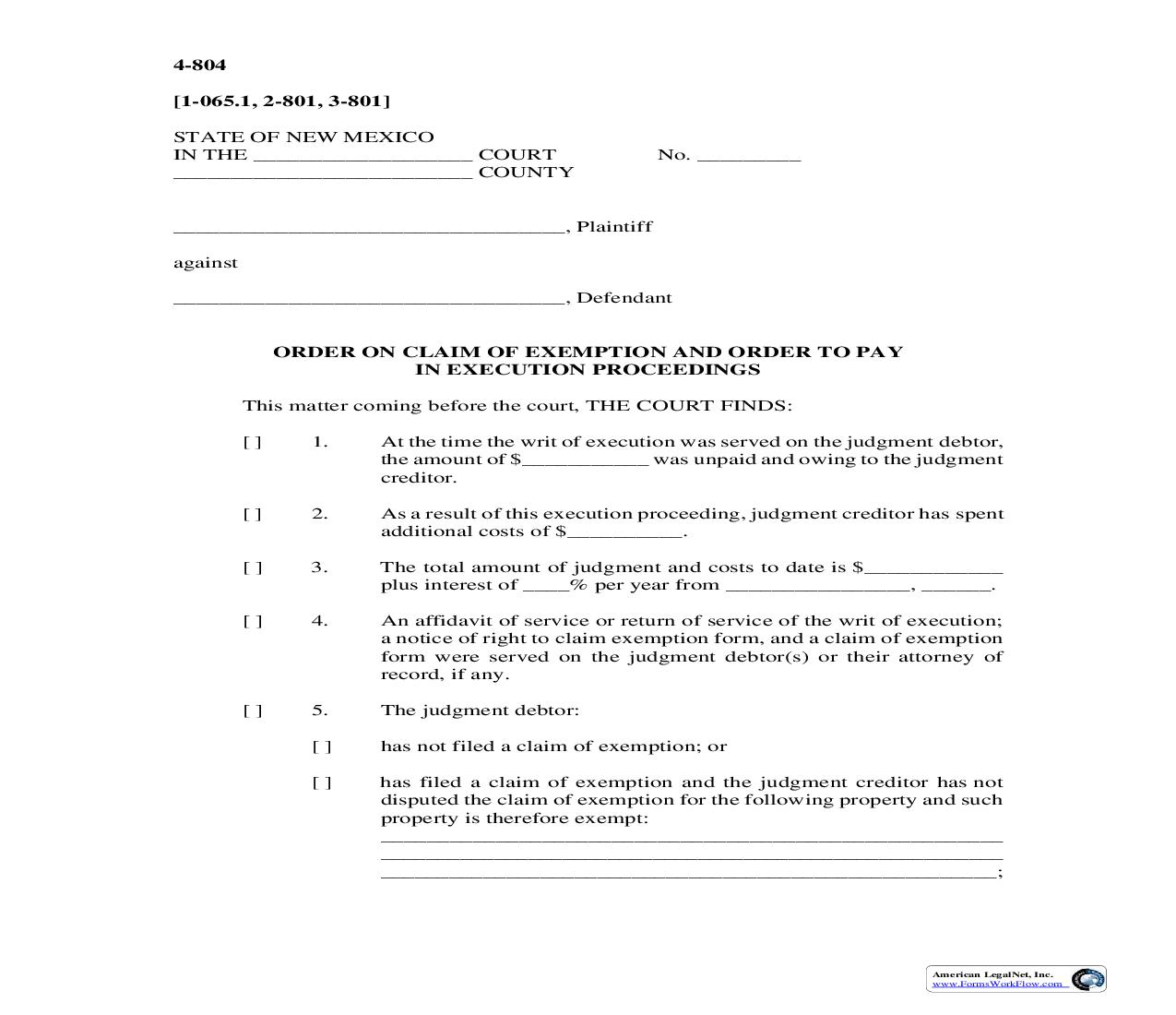 Order On Claim Of Exemption And Order To Pay In Execution Proceedings {4-804} | Pdf Fpdf Doc Docx | New Mexico