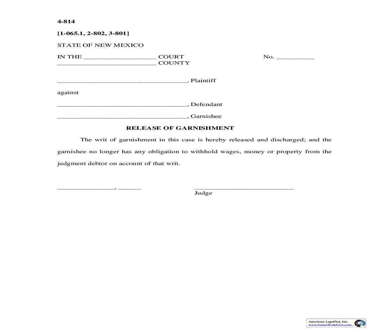 Release Of Garnishment {4-814} | Pdf Fpdf Doc Docx | New Mexico