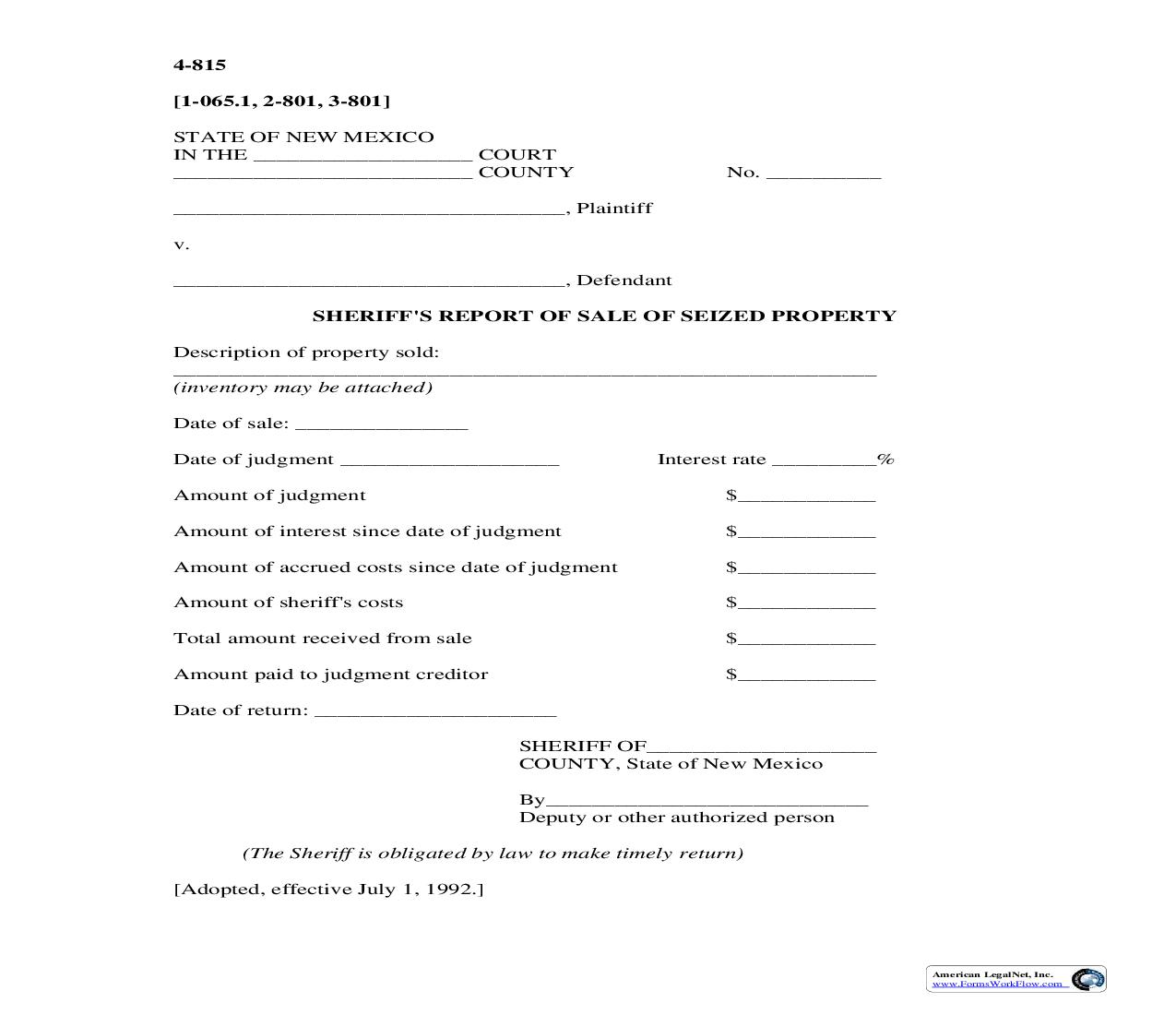 Sheriffs Report Of Sale Of Seized Property {4-815} | Pdf Fpdf Doc Docx | New Mexico