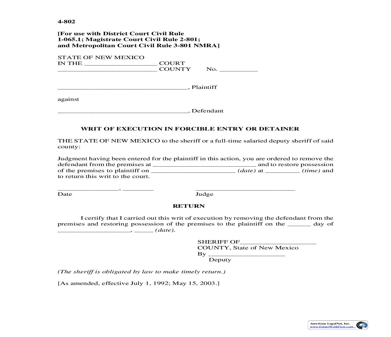 Writ Of Execution In Forcible Entry Or Detainer {4-802} | Pdf Fpdf Doc Docx | New Mexico