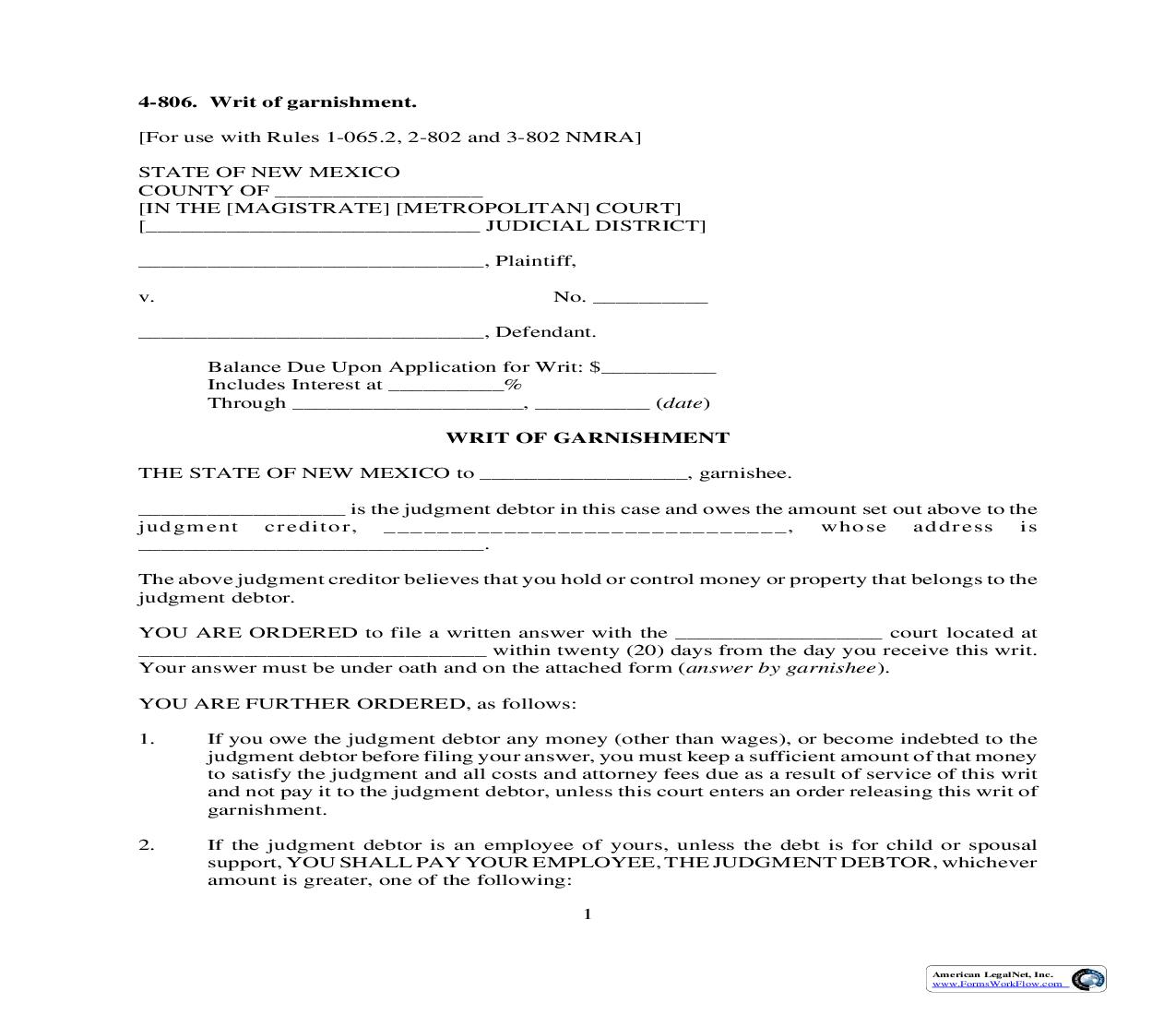 Writ Of Garnishment {4-806} | Pdf Fpdf Doc Docx | New Mexico