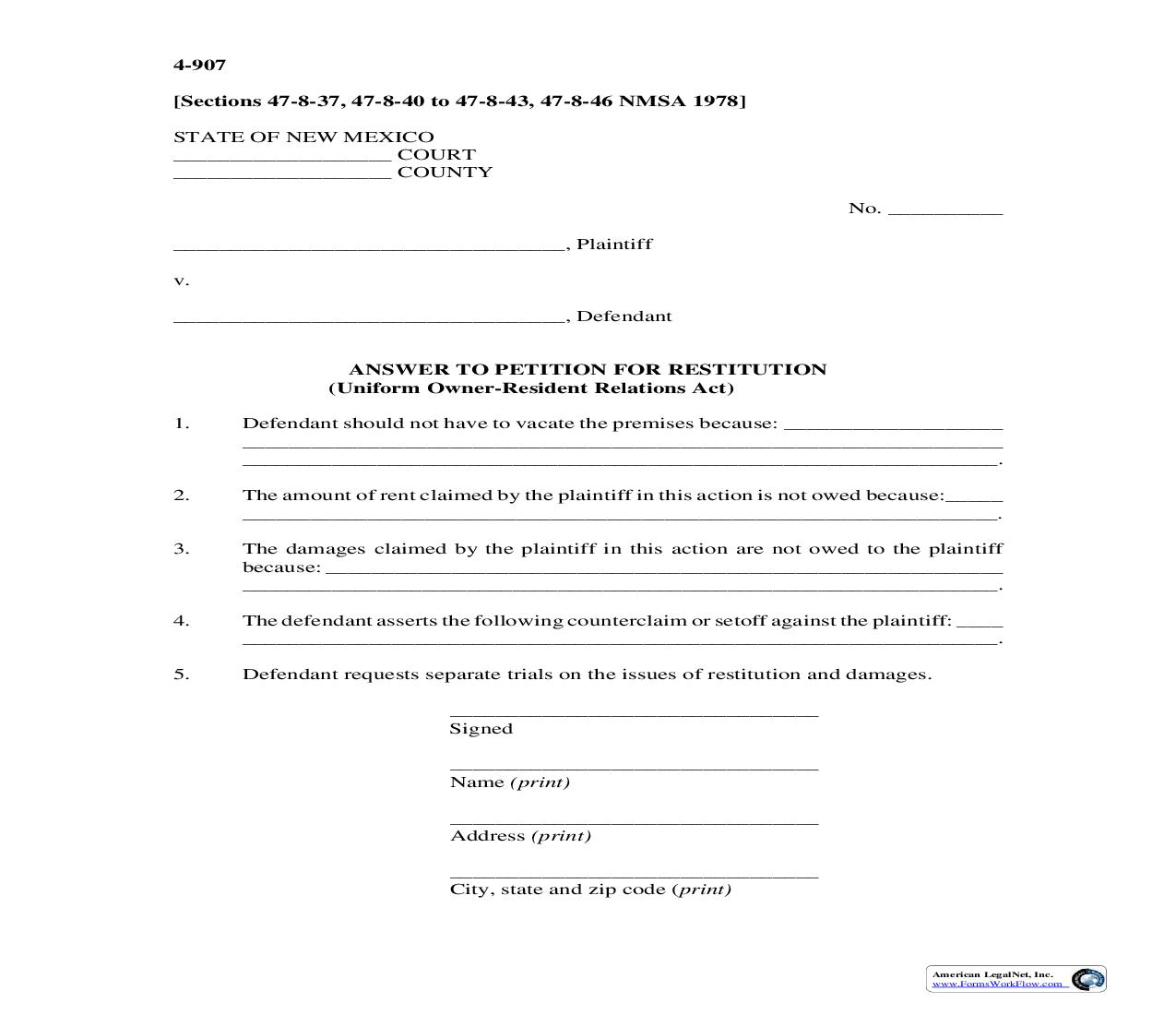Answer To Petition For Restitution {4-907} | Pdf Fpdf Doc Docx | New Mexico