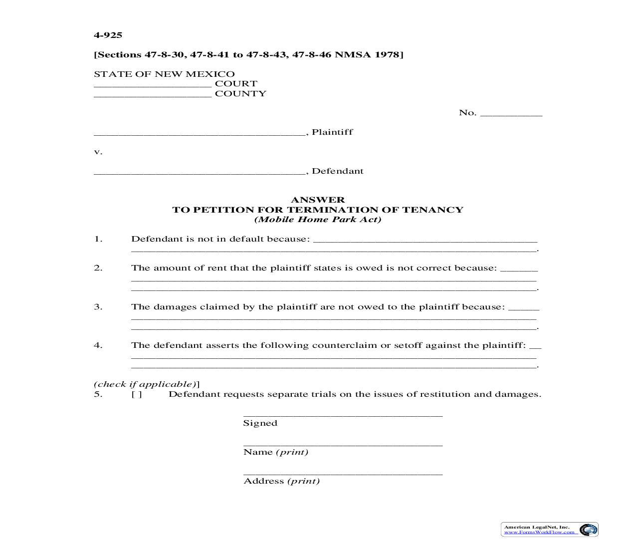 Answer To Petition For Termination Of Tenancy {4-925} | Pdf Fpdf Doc Docx | New Mexico