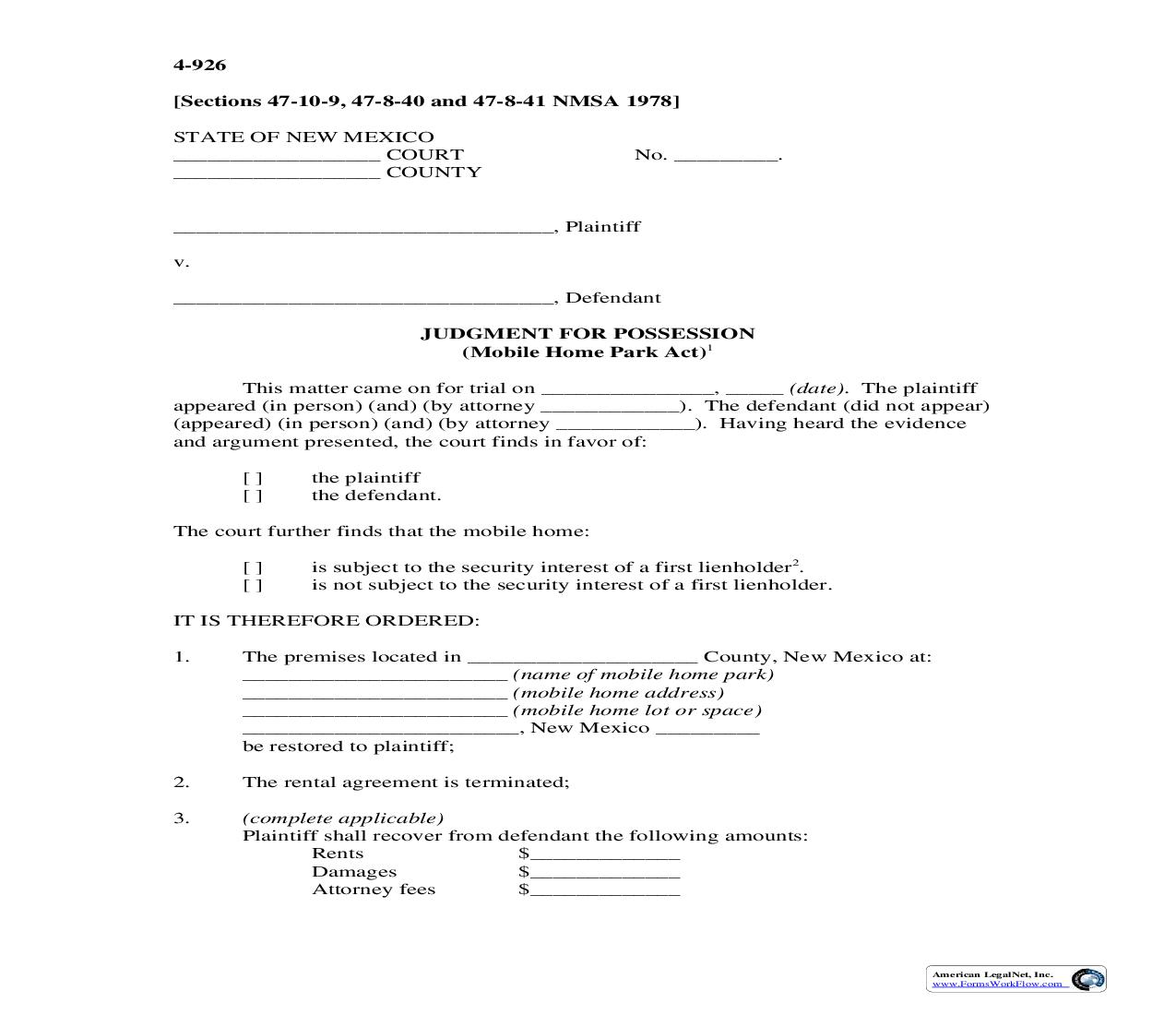 Judgment For Possession {4-926} | Pdf Fpdf Doc Docx | New Mexico