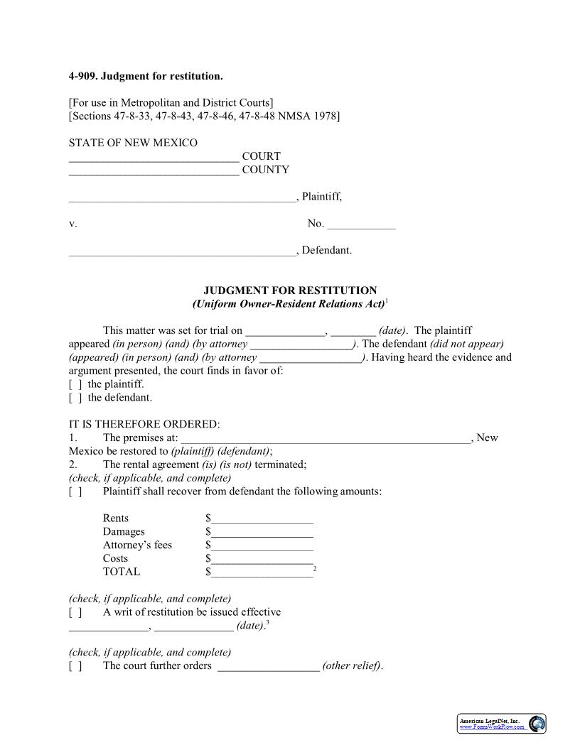 Judgment For Restitution {4-909} | Pdf Fpdf Docx | New Mexico