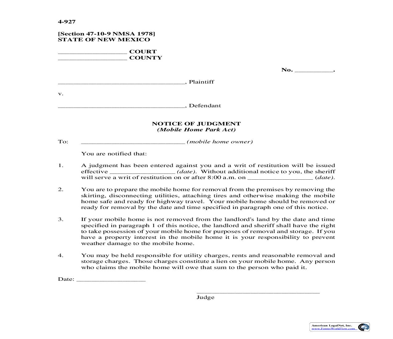 Notice Of Judgment {4-927} | Pdf Fpdf Doc Docx | New Mexico