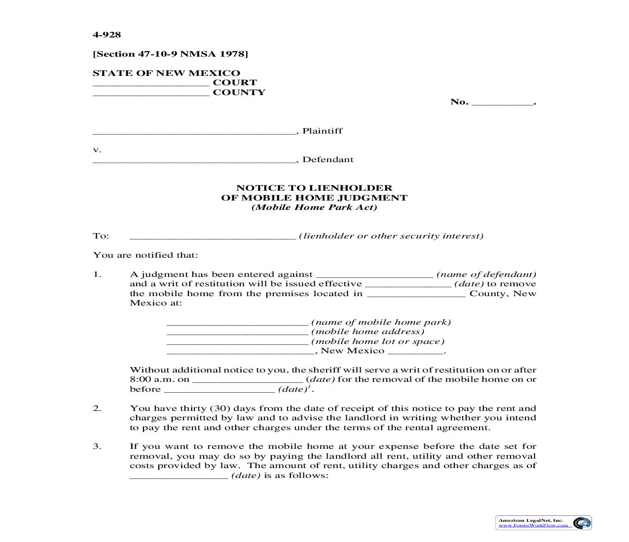 Notice To Lienholder Of Mobile Home Judgment {4-928} | Pdf Fpdf Doc Docx | New Mexico