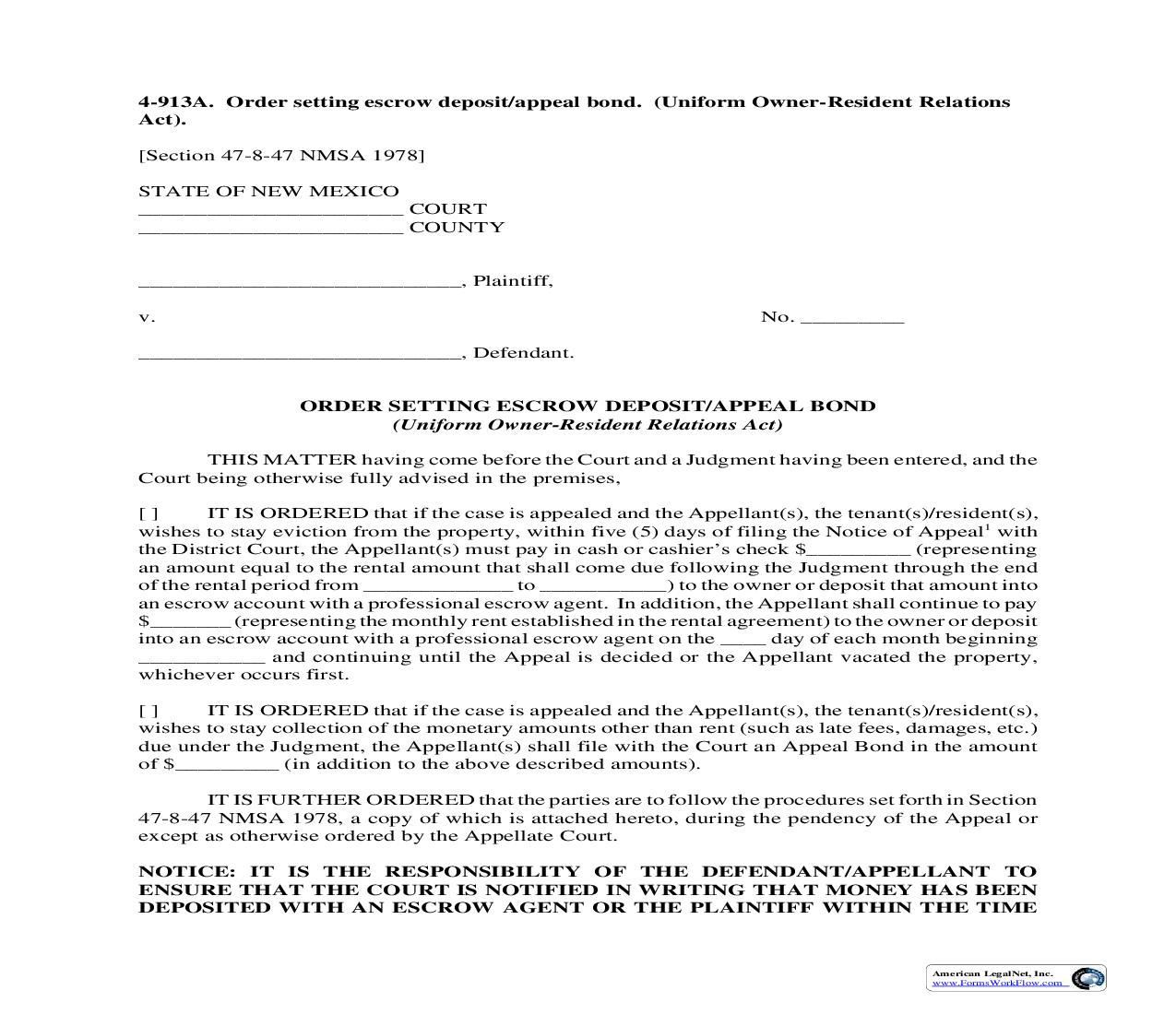 Order Setting Escrow Deposit-Appeal Bond UORRA {4-913A} | Pdf Fpdf Doc Docx | New Mexico