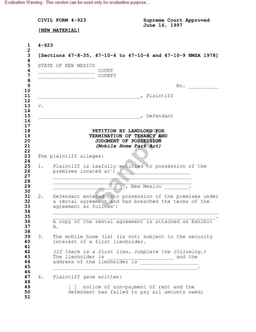 Petition By Landlord For Termination Of Tenancy And Judgment Of Possession {4-923} | Pdf Fpdf Doc Docx | New Mexico