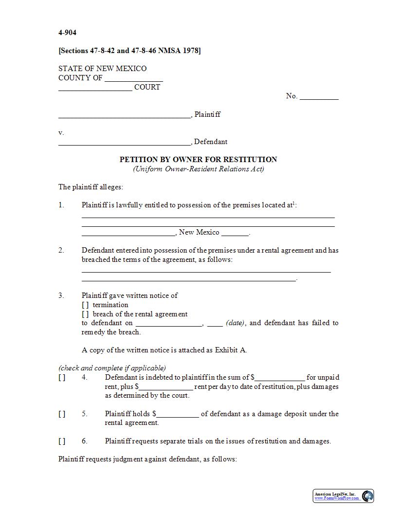 Petition By Owner For Restitution {4-904} | Pdf Fpdf Docx | New Mexico
