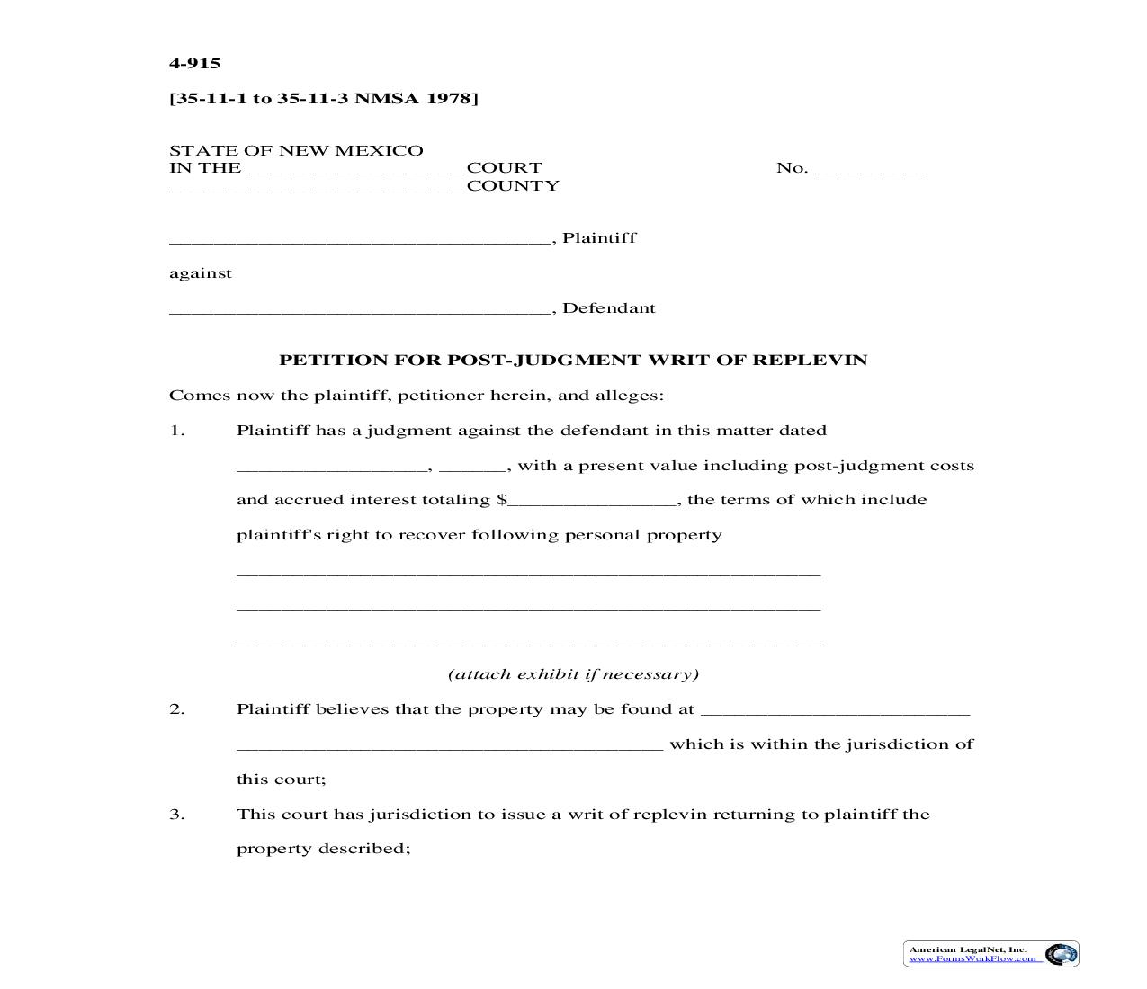Petition For Post Judgment Writ Of Replevin {4-915} | Pdf Fpdf Doc Docx | New Mexico