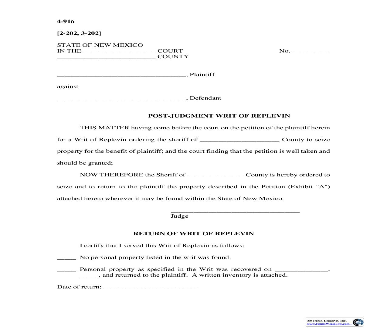 Post Judgment Writ Of Replevin {4-916} | Pdf Fpdf Doc Docx | New Mexico