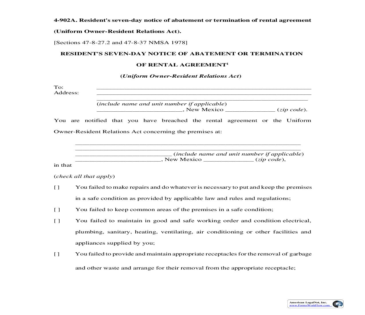 Residents Seven Day Notice Of Abatement Or Termination Of Rental Agreement {4-902A} | Pdf Fpdf Doc Docx | New Mexico