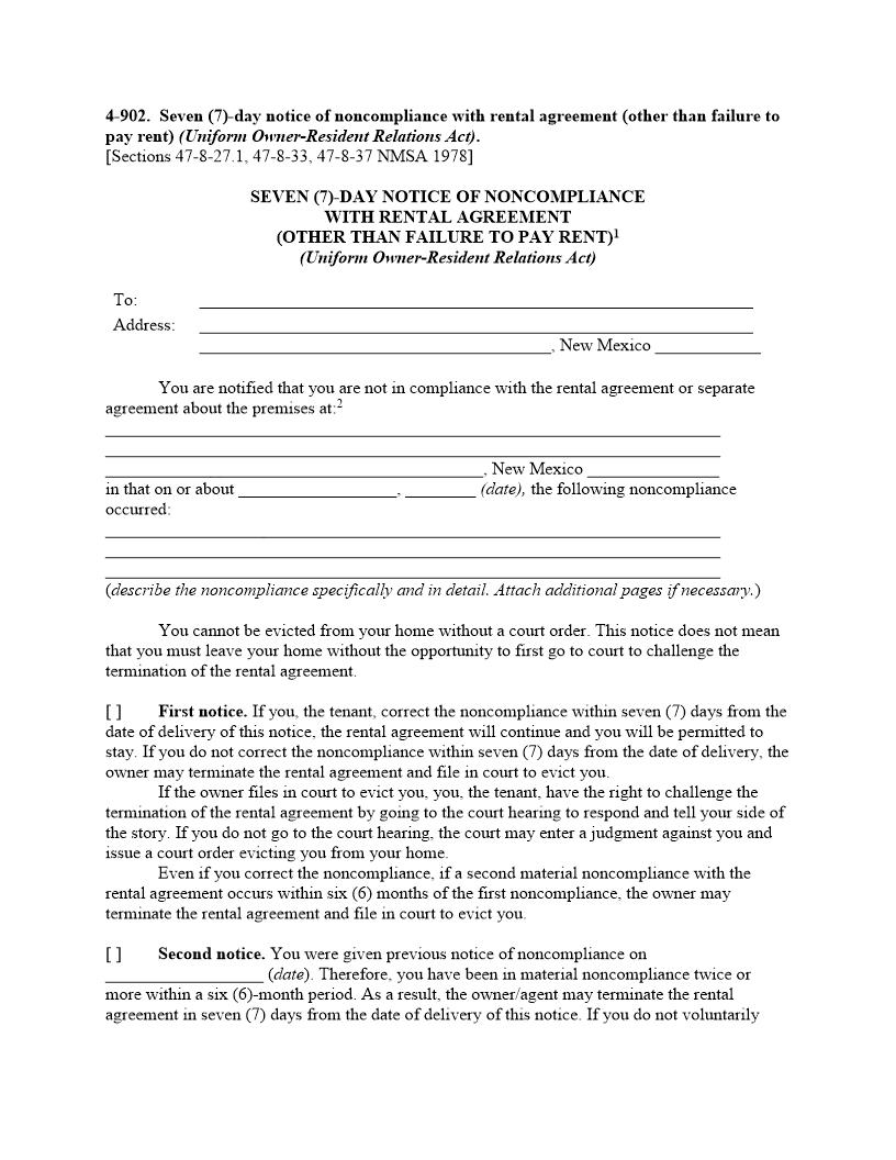 Seven Day Notice Of Noncompliance With Rental Agreement (Other Than Failure To Pay Rent) {4-902} | Pdf Fpdf Doc Docx | New Mexico