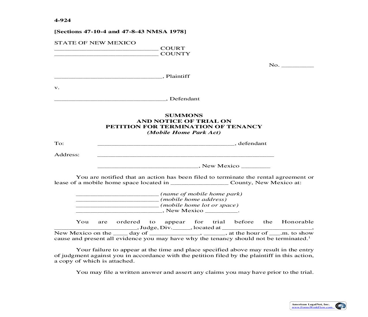 Summons And Notice Of Trial On Petition For Termination Of Tenancy {4-924} | Pdf Fpdf Doc Docx | New Mexico
