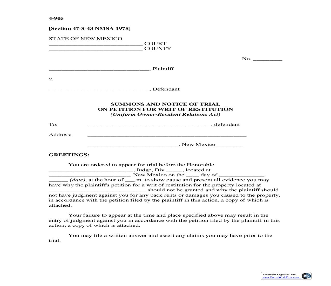 Summons And Notice Of Trial On Petition For Writ Of Restitution {4-905} | Pdf Fpdf Doc Docx | New Mexico