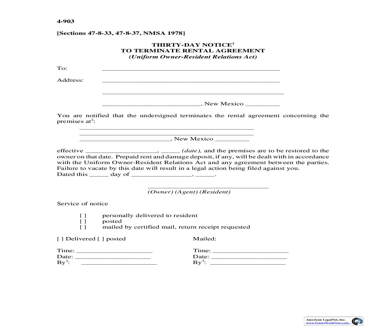 Thirty Day Notice To Terminate Rental Agreement {4-903} | Pdf Fpdf Doc Docx | New Mexico