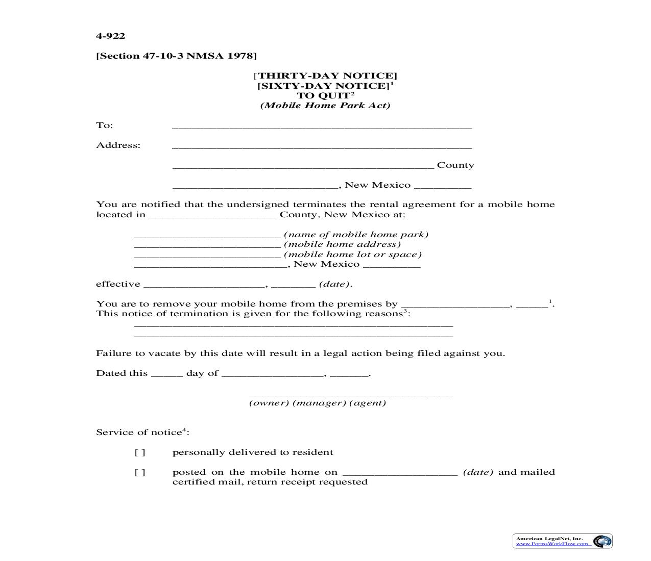 Thirty Or Sixty Day Notice To Quit {4-922} | Pdf Fpdf Doc Docx | New Mexico