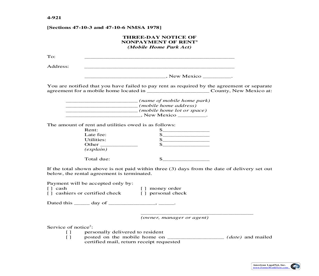 Three Day Notice Of Nonpayment Of Rent (Mobile Home Park Act) {4-921} | Pdf Fpdf Doc Docx | New Mexico