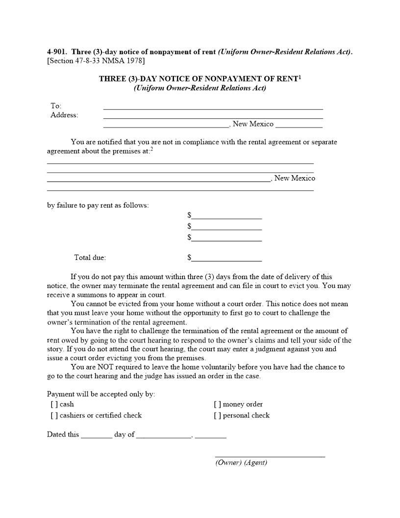 Three Day Notice Of Nonpayment Of Rent (Uniform Owner Resident Relations Act) {4-901} | Pdf Fpdf Doc Docx | New Mexico