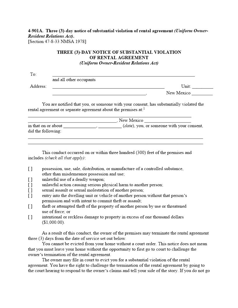 Three Day Notice Of Substantial Violation Of Rental Agreement {4-901A} | Pdf Fpdf Docx | New Mexico