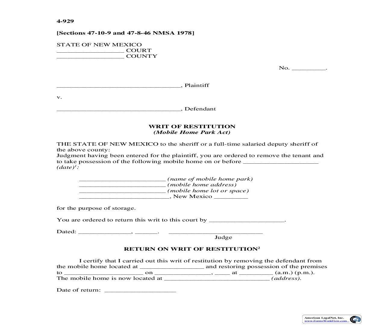 Writ Of Restitution {4-929} | Pdf Fpdf Doc Docx | New Mexico