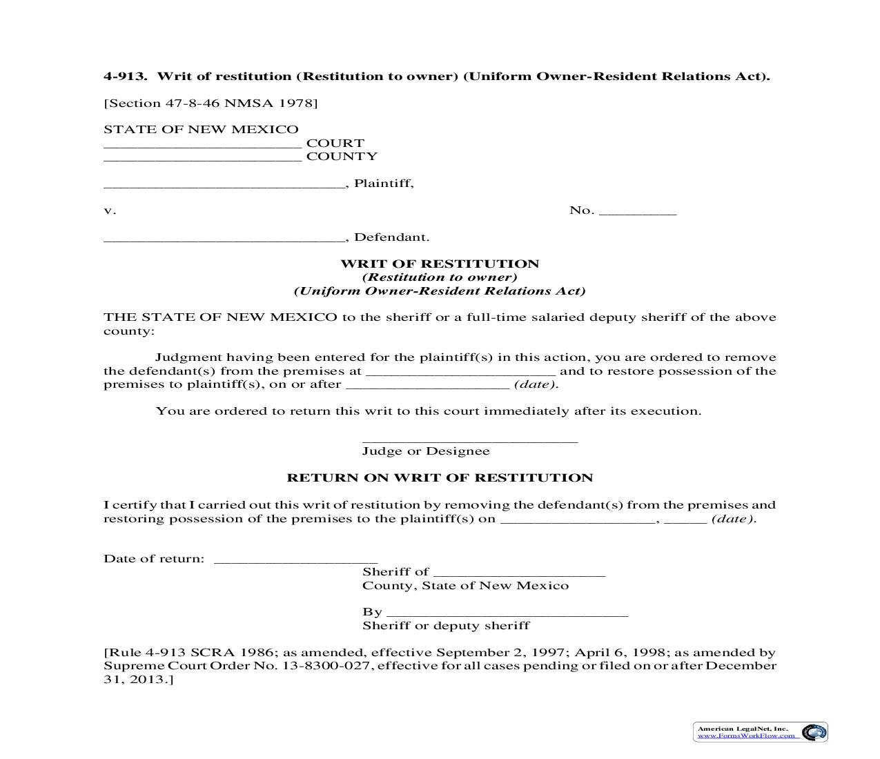 Writ Of Restitution (Restitution To Owner) {4-913} | Pdf Fpdf Doc Docx | New Mexico